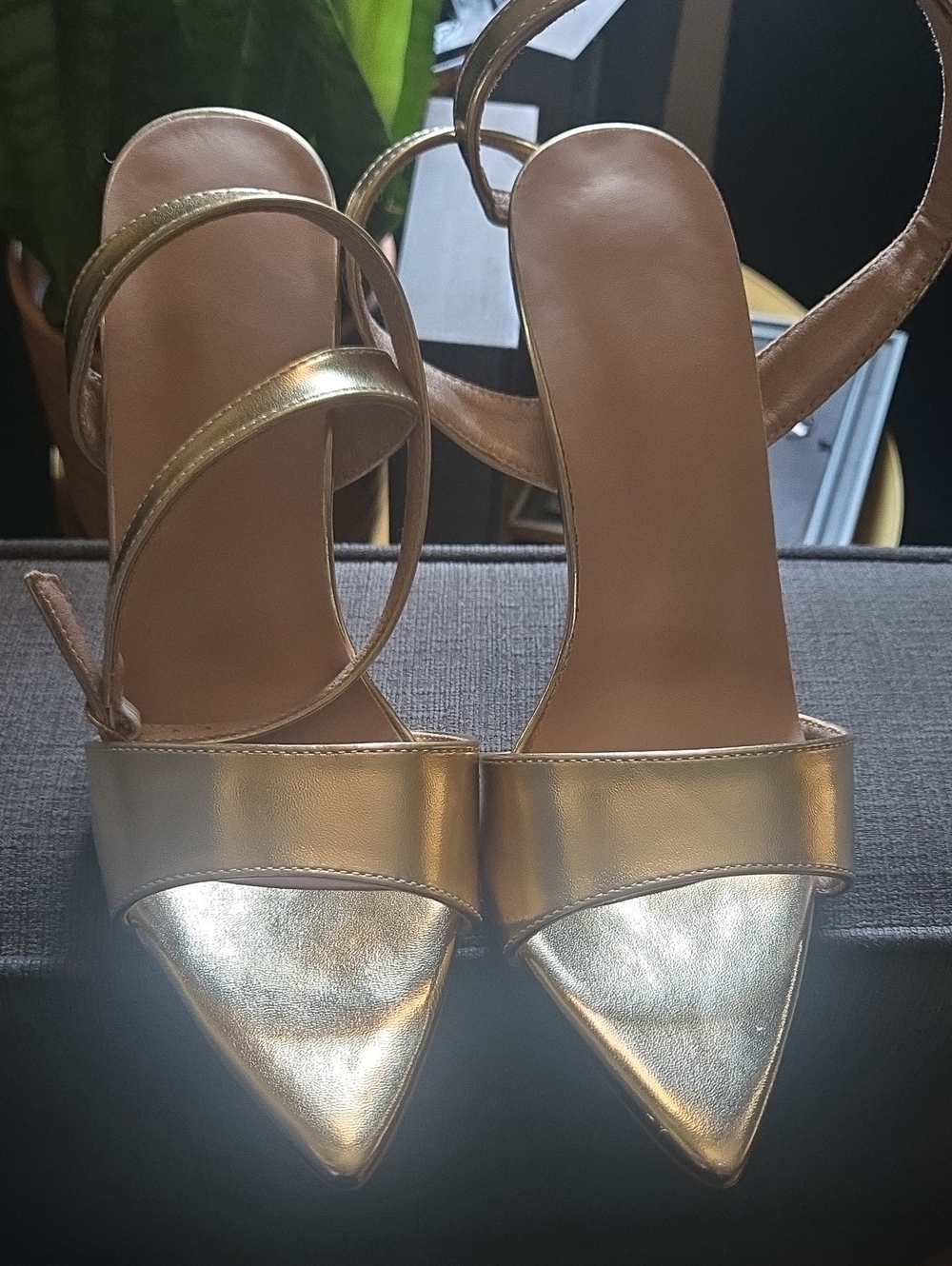 Metallic Gold Women's Pointed Toe Ankle Strap Heels